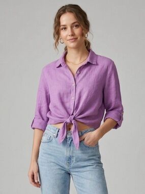 Made in Italy 100% Linen Tie-Front Button-Down Shirt